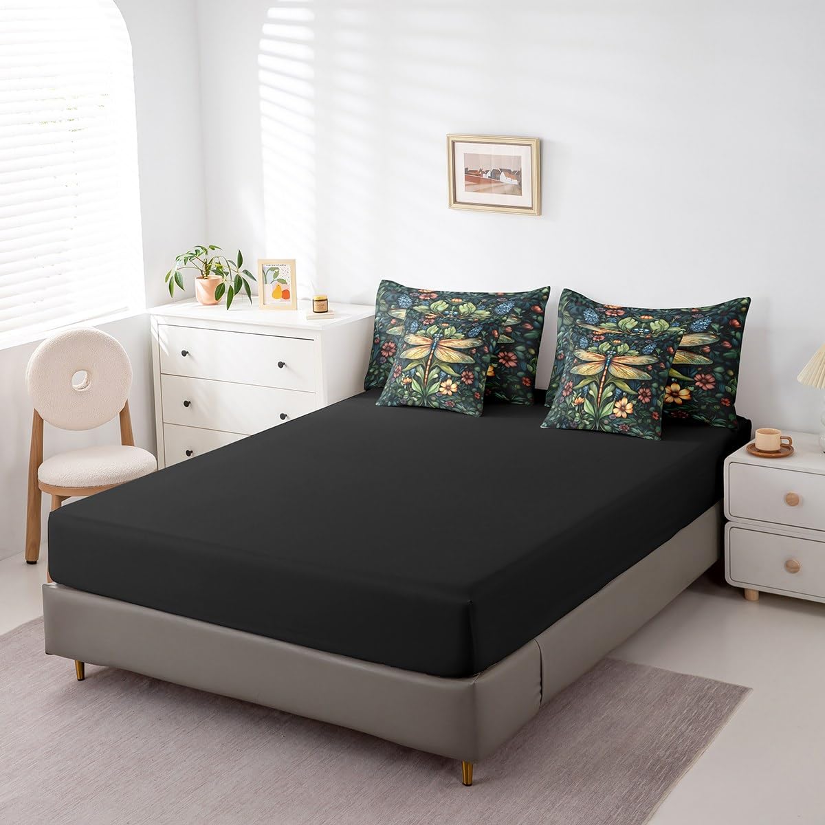Erosebridal Dragonfly Bedding Set for Kids Teens,Flying Dragonflies Comforter Set King Size,Floral Leaves (Comforter+Fitted+Flat Sheet+2 Pillowcases+2 Throw Pillow Covers) 7 Pieces Bed Set