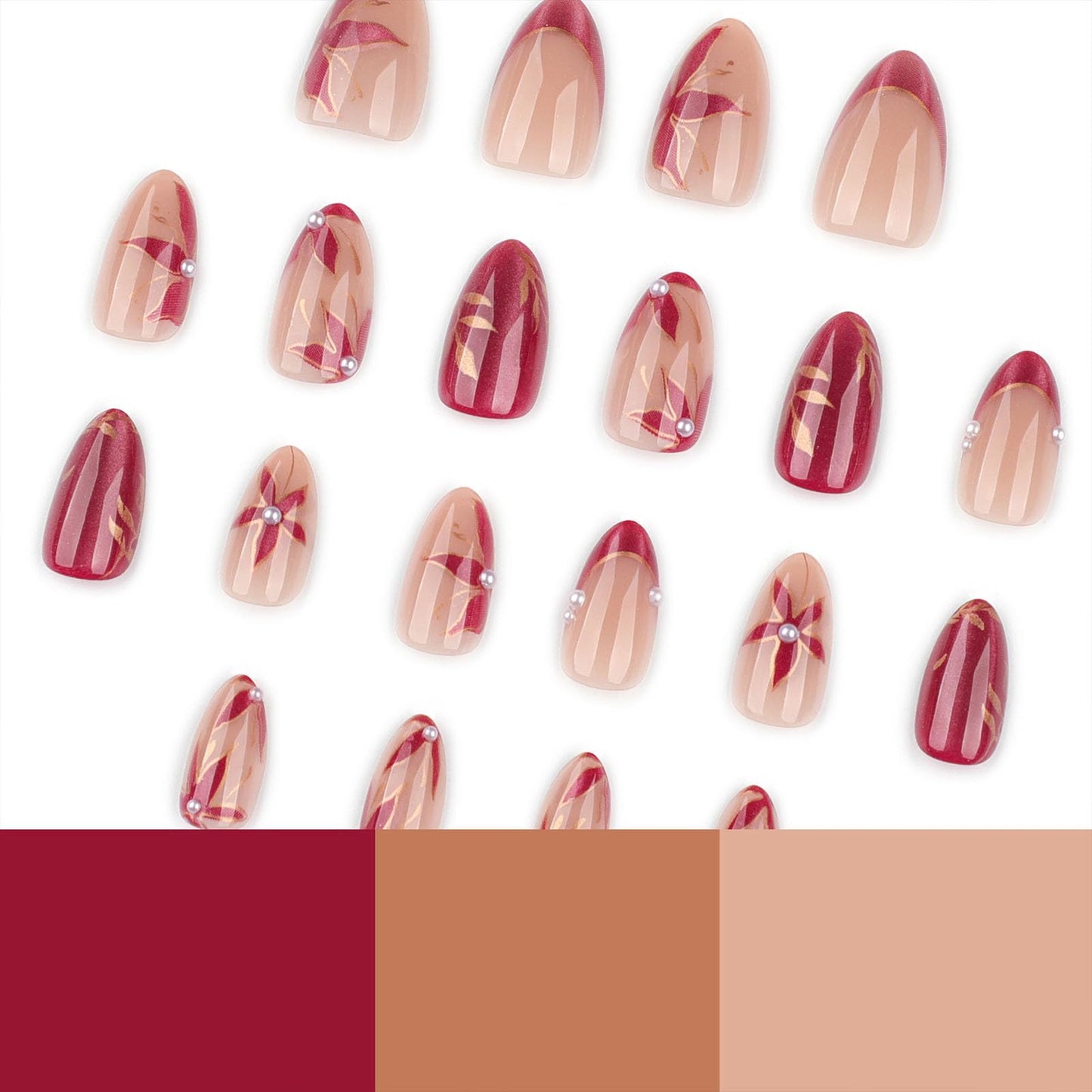 Short Press on Nails Almond Flower Red Cat Eye Acrylic Fake Nails with 3D Pearls Gold Leaf Floral Design Full Cover Reusable French Tip Glue on False Nail for Women 24 Pcs