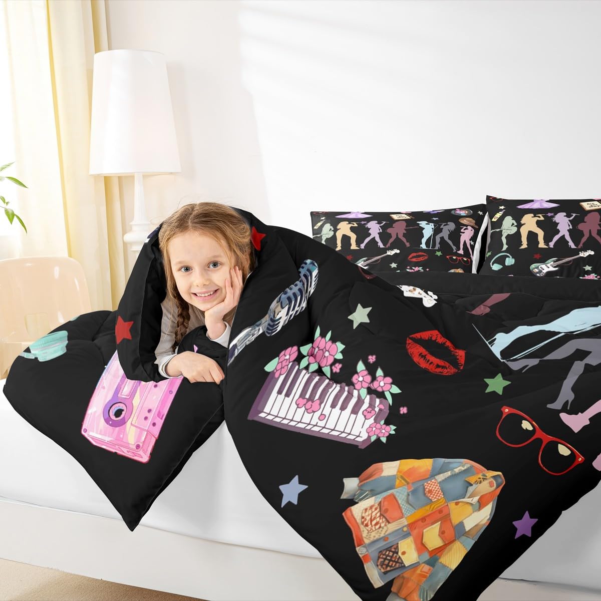 Erosebridal Music Theme Bedding Set Full Girls Singer Comforter Set for Kids Boys Girls Black Musicl Aesthetics Bedding Comforter Sets Music Lovers Gifts Quilt Duvet