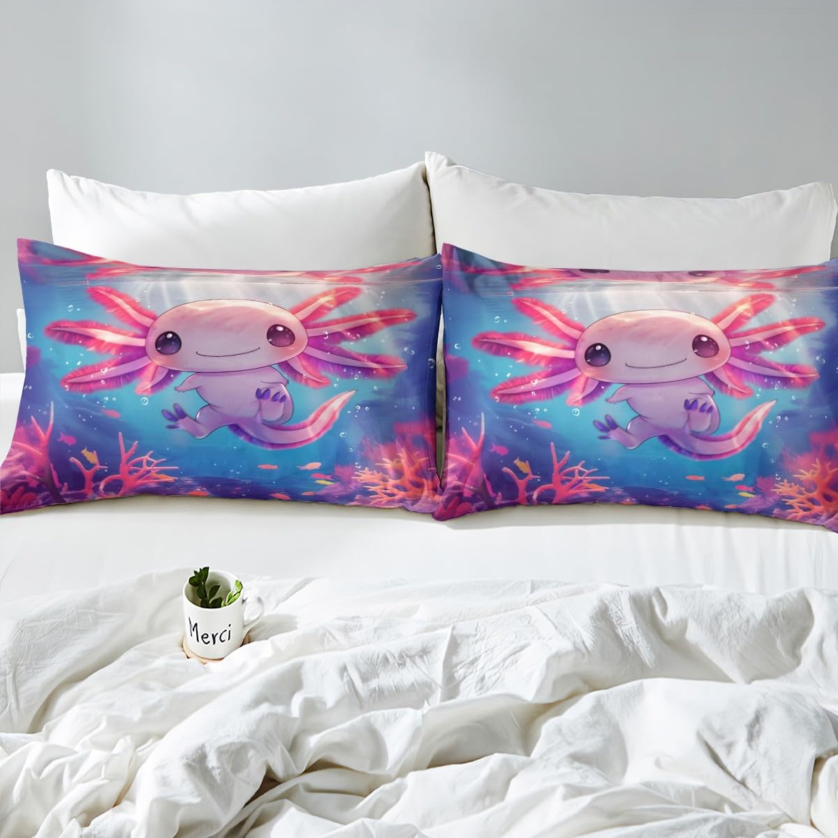 Erosebridal Cute Axolotl Bed Set Salamander Ocean Animal Bed Sheets Set Full Underwater World Flat Fitted Sheet for Girls Kids Adult,Maeine Life Bedding Sets for Bedroom Decor with 2 Pillow Cases