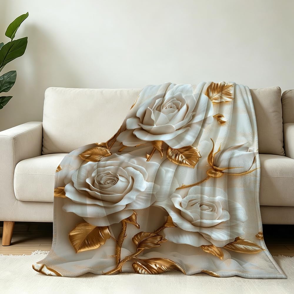 HUNXIAOJ Flower Print Blanket White and Gold Throw Blanket White Floral Print Flower Bedding Warm Soft Flannel for Adults Bed Sofa Couch (49in x 59in)