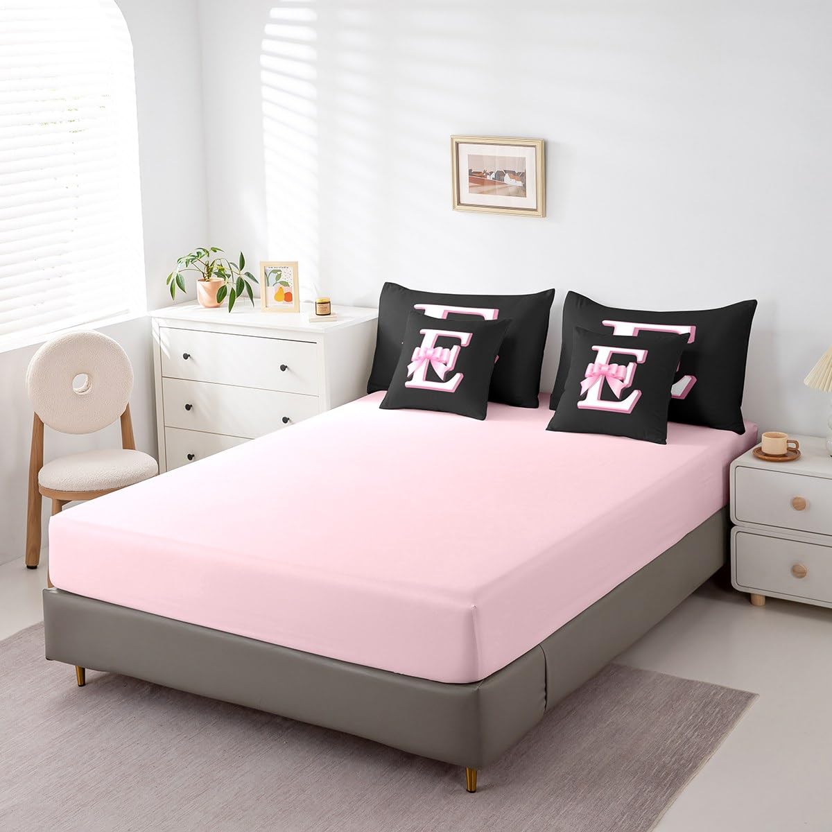 jejeloiu Kids Girls Black Pink Bow Comforter Set with Sheets Twin Size Monogrammed 7 Piece Bedding Set Personalized Initial E Bed in a Bag with Comforter,Sheets,Pillowcases Modern Fashion Bed Set