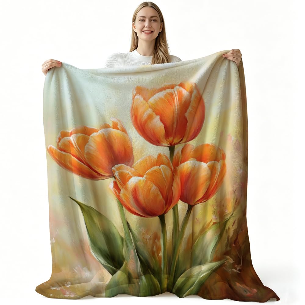HUNXIAOJ Tulip Blanket Floral Throw Blanket Tulip Gifts for Women Rustic Flower Decor Floral Bedding Warm Soft Flannel for Girl Sofa Couch (49in x 59in)