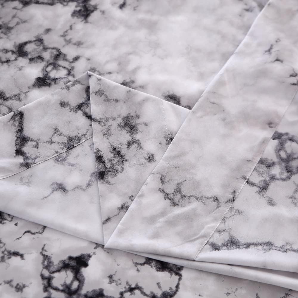 MAG Marble Bed Sheet, 4PC Black White and Gray, Full Size Modern Pattern Printed Bedding Sheet Set with 1 Top Flat & 1 Fitted Sheet with 2 Pillowcases, 14” Deep