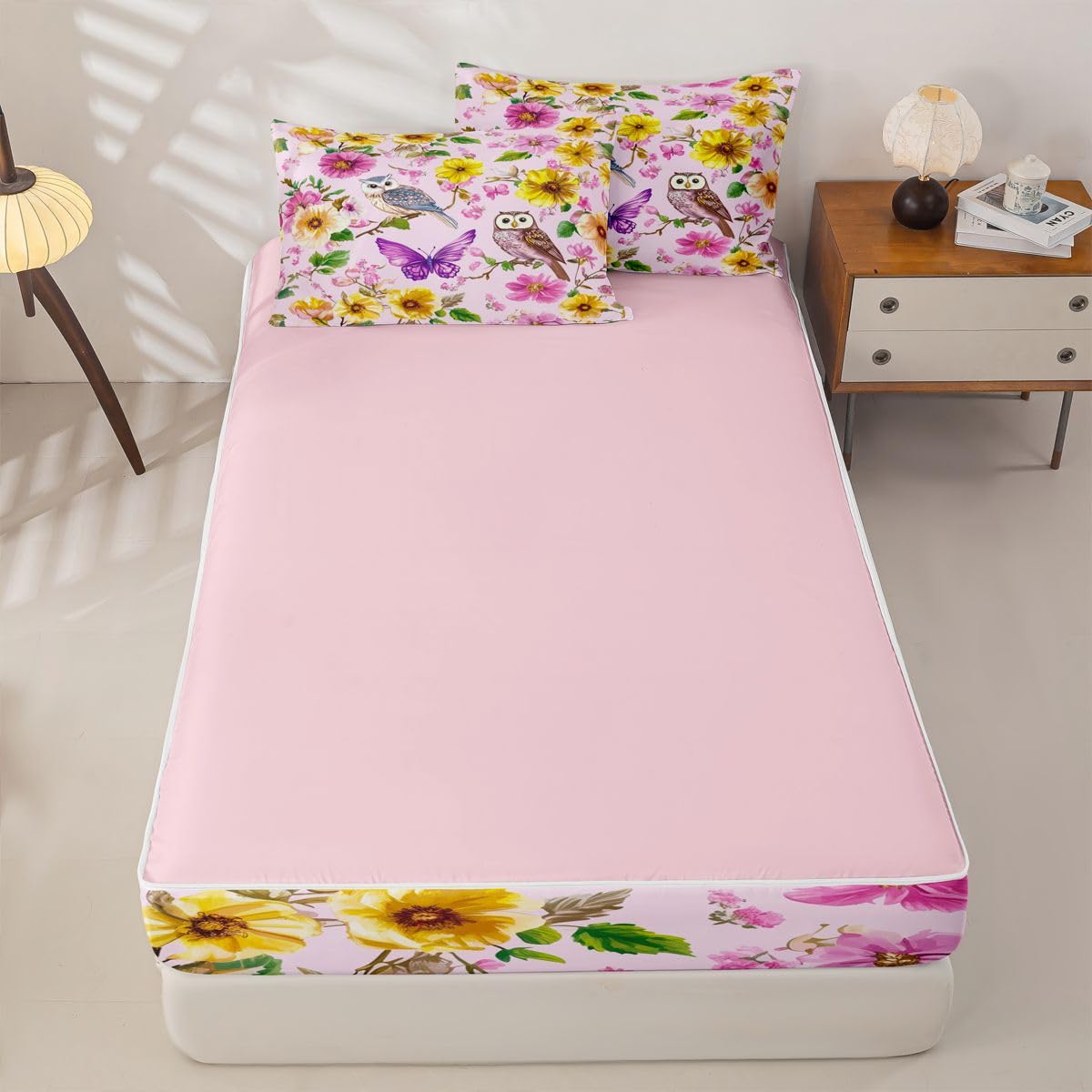jejeloiu Owl Zipper Bedding Sets for Kids Boys Girls Yellow Floral Printed Twin Comforter Set with Fitted Sheet Purple Butterfly Bedroom Decor Spring Microfiber with 2 Pillow Cases