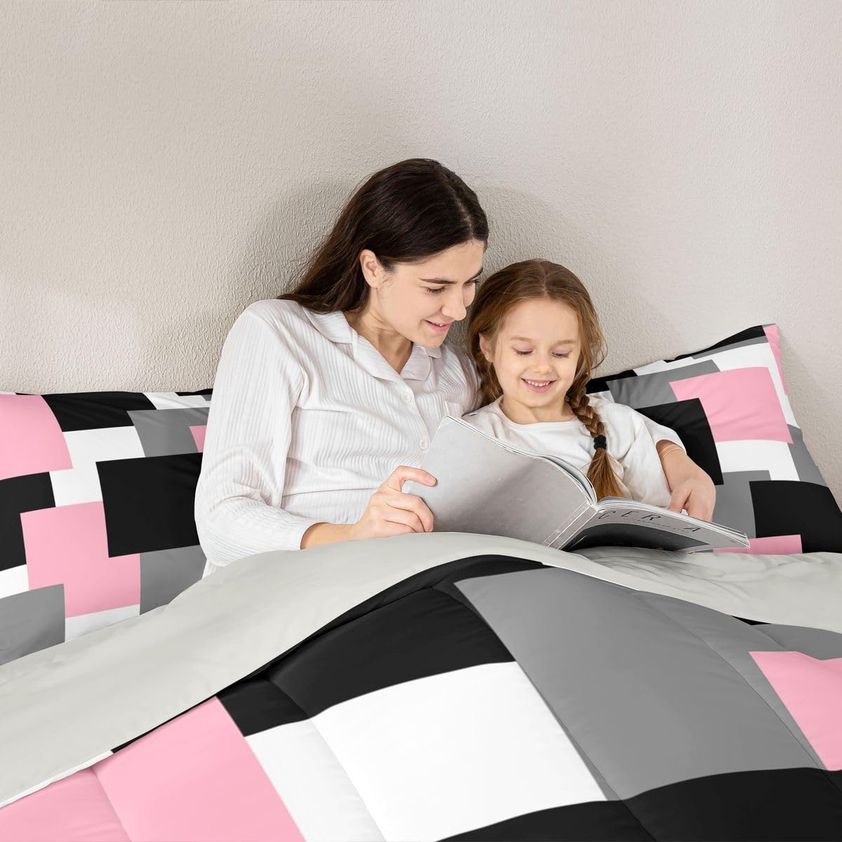 Castle Fairy Modern Abstract Art Kids Comforter Set Queen Size,Pink Grey Black Super Soft Microfiber Bedding Set for Adults Men,Geometric Grid Square Splicing Decorative Comforter Set,3 Pcs