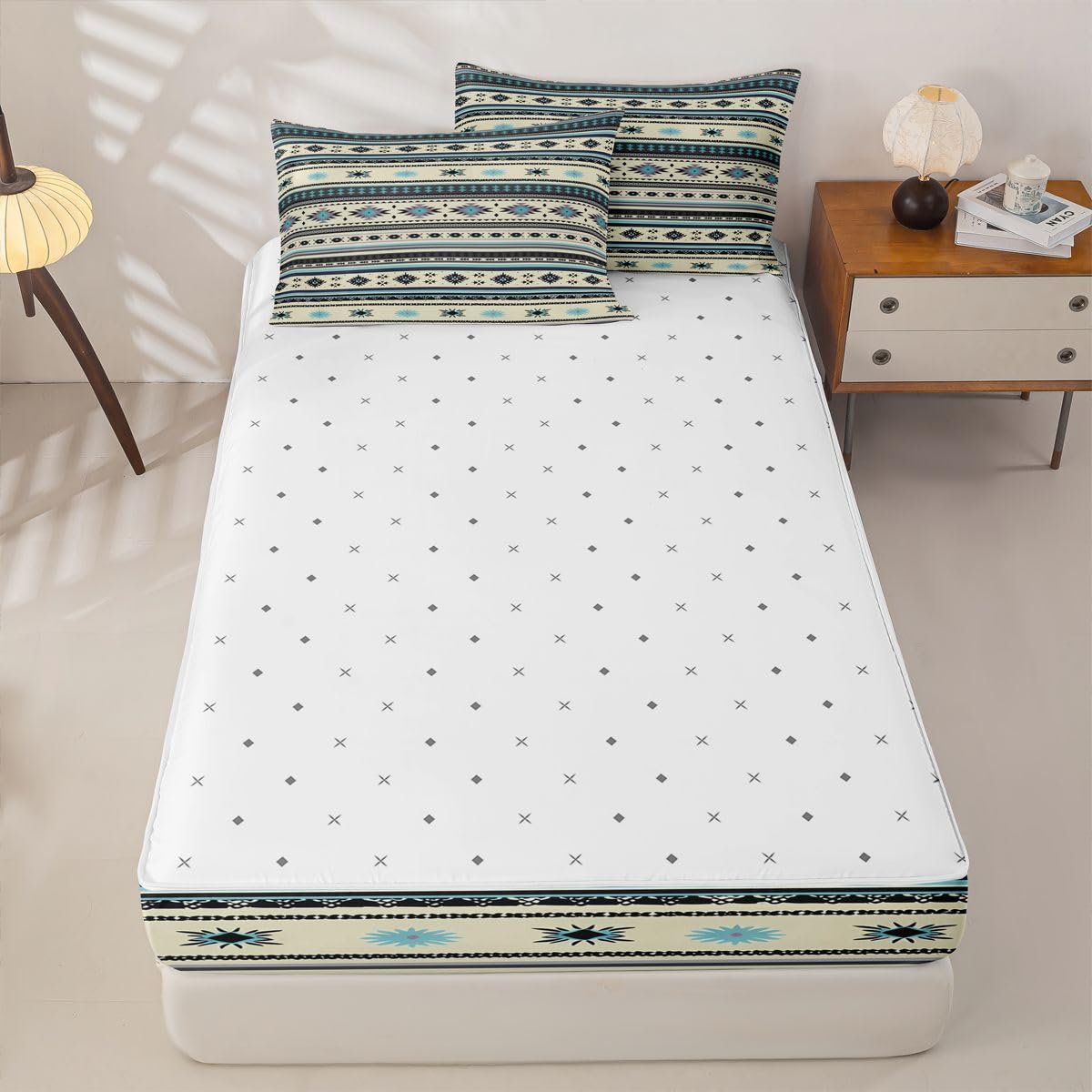 Western Zipper Bedding Queen Vintage Exotic Geometric Triangle Zip Up Bedding Set for Boys and Kids, Ethnic Tribal Arrow Bed in a Bag African Indian Tribal Sriped Boho Comforter Set with Sheets Brown