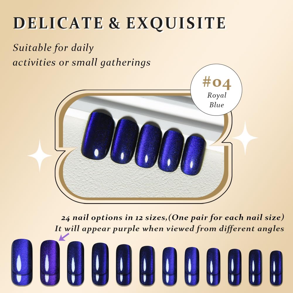 Royal Blue Cat Eye Press on Nails Medium Square, Medium Square Press Stick on Nails Chrome for Women Gift, Blue Holographic Glitter Glossy Reusable Soft Gel Acrylic Fake Nail with Cateye Effect Design