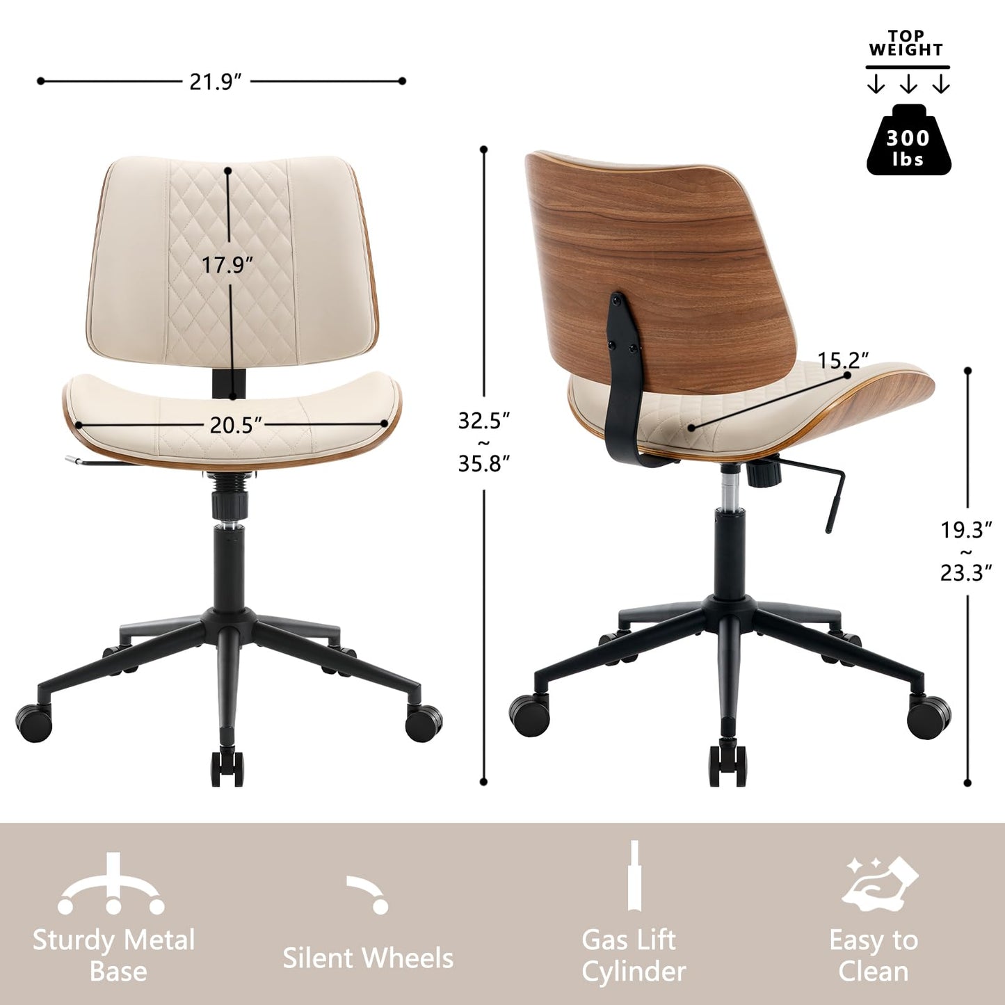 BERYTH Home Office Chair No Arms with Wheels, Adjustable Height Small Desk Chair, PU Leather Mid Back 360 Swivel Computer Chair, Armless Modern Walnut Chair for Office, Reading Meeting Room(Beige)