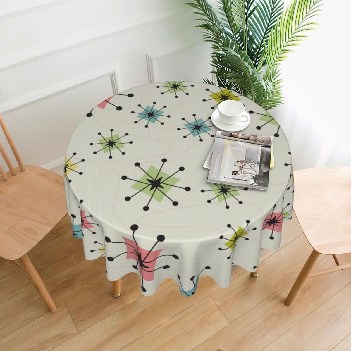 bassyil Retro Mid Century Tablecloth Round Table Cover Washable for Home Kitchen Dining Party 60 X 60 Inches