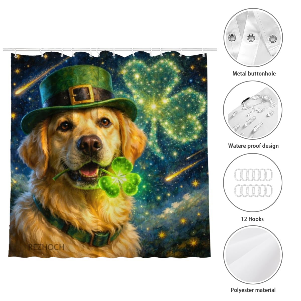 REZHOCH Funny Dog Shower Curtain Lucky Golden Retriever St. Patrick's Day Oil Painting Bath Curtain Decor Green Clover Starry Night Animal Home Bathroom Set 72x72Inch with 12 Hooks