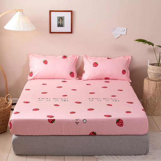 Kids Fitted Sheet Twin Size Girls Cute Strawberry Bedding Set for Children Bedroom Decor Girly Cartoon Fruit Print Bed Sheet Set Lovely Pink Bed Cover with 1 Pillow Cases,Flat Sheet not Included