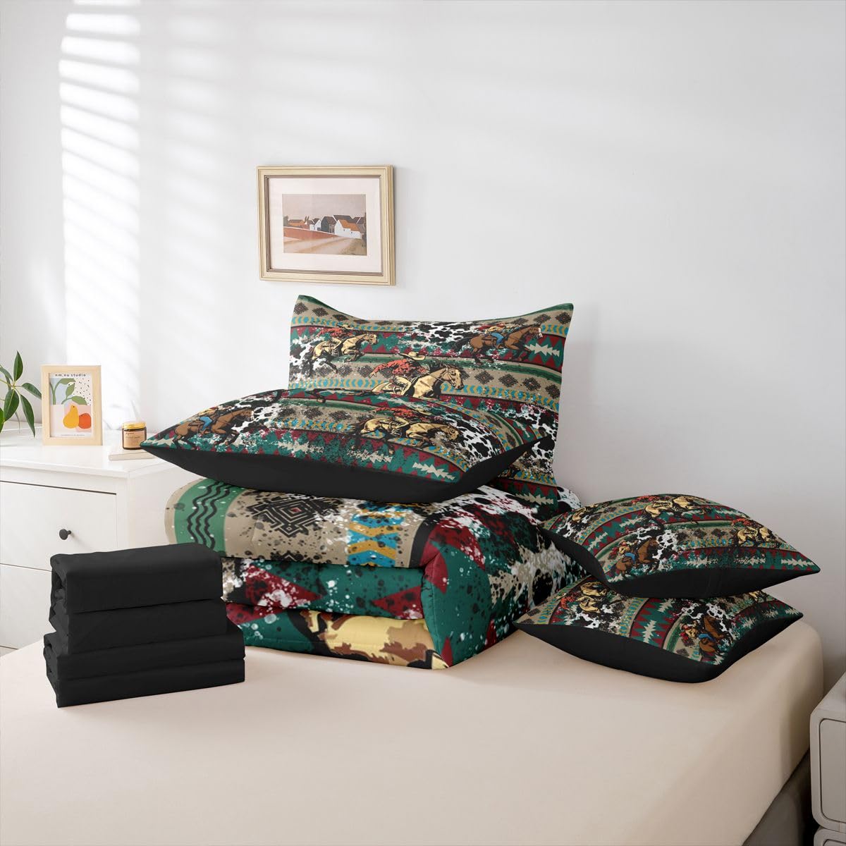 Erosebridal Fur Print Cowboy Red Blue Brown Aztec Full Comforter Set 7 Pieces | Tribal Bohemian Ethnic Bed in A Bag for Bedroom Cowhide Pattern Bedding Set with Comforters Retro Adults Room Decor