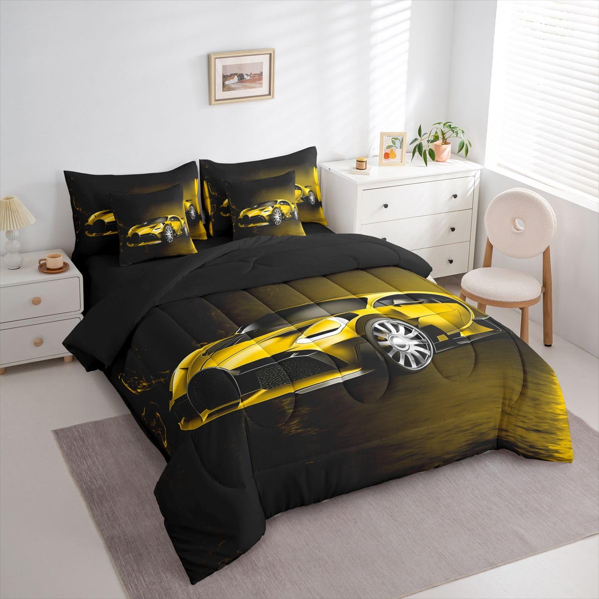 Feelyou Sports Car 7 Piece Bedding Set Yellow Race Car Comforter Set with Sheets for Kids Boys Girls Extreme Sports Bed in a Bag Cool Speed Luxury Car Decor Quilt with 2 Pillowcases Queen