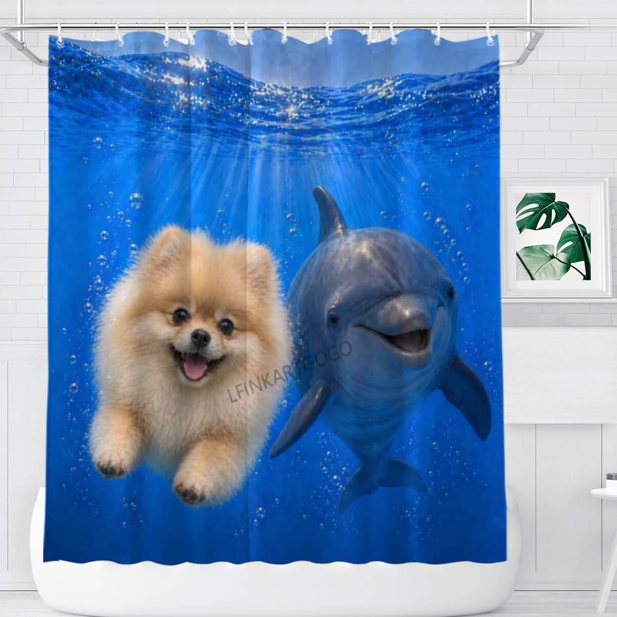 LFINKARTGOGO Ocean Pomeranian Shower Curtain 72x72 with 12 Hooks Underwater Animal Dolphin Waterproof Washable Polyester Bath Curtain for Home Hotel Decor