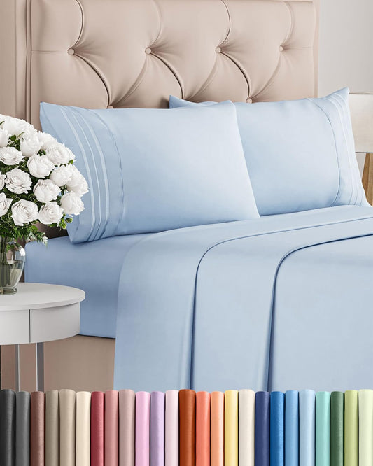 Full Size 4 Piece Sheet Set - Comfy Breathable & Cooling Sheets - Hotel Luxury Bed Sheets for Women & Men - Deep Pockets, Easy-Fit, Extra Soft & Wrinkle Free Sheets - Sky Blue Oeko-Tex Bed Sheet Set