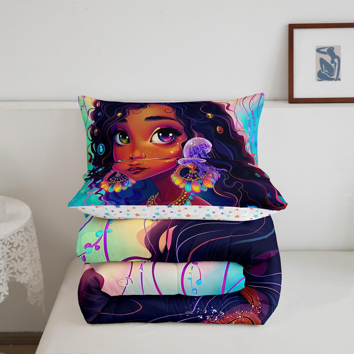 Erosebridal Black Girls Bedding Set Afro Girl Twin Comforter Set for Girls,American African Princess Magical Quilt for Toddler Kids Teenager,Ocean Jellyfish Kawaii Room Decor