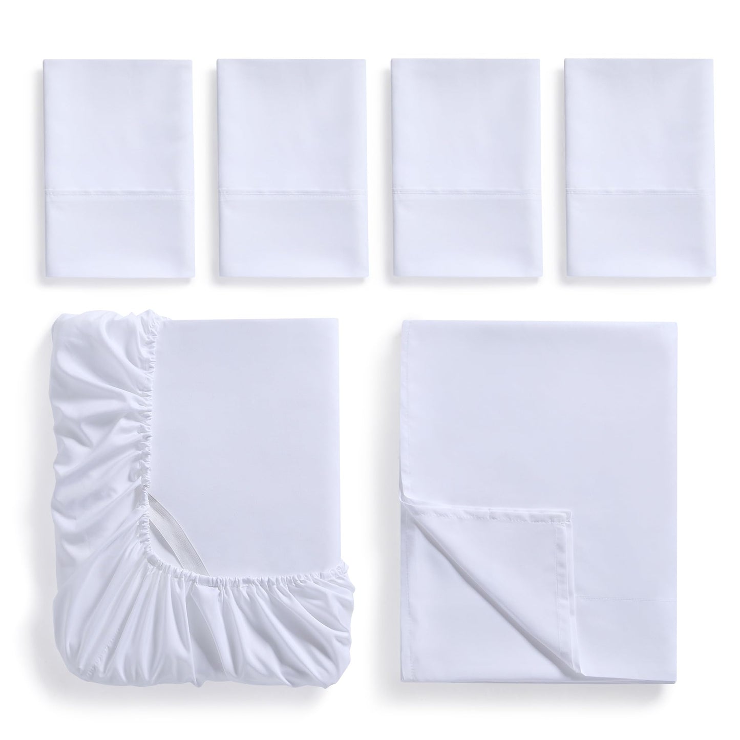 6 Piece Queen Sheet Set with Corner Straps - Soft Queen White Sheets with Built in Sheet Straps Elastic Corners - Wrinkle-Free, Breathable, Deep Pockets - 4 Pillowcases, 1 Fitted Sheet, 1 Flat