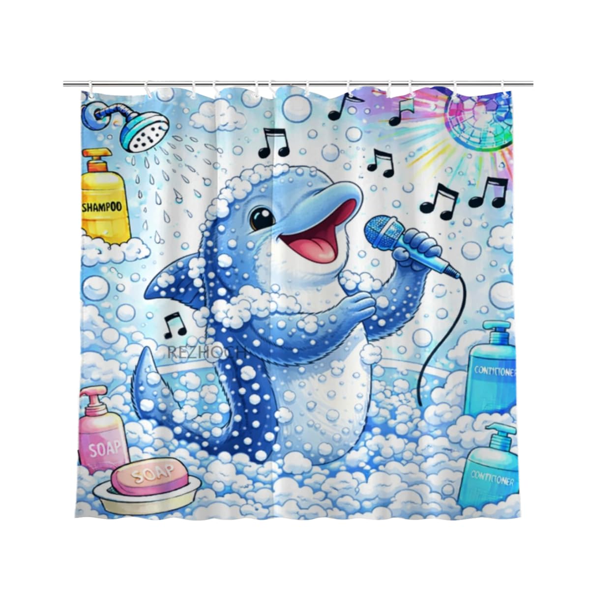 REZHOCH Funny Singing Dolphin Shower Curtain 72x72 Inch,Cute Cartoon Animal Home Bathroom Decor,Humour Colorful Music Bubble Microphone Bath Set Waterproof Fabric with Hooks