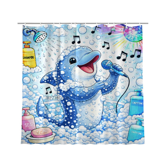 REZHOCH Funny Singing Dolphin Shower Curtain 72x72 Inch,Cute Cartoon Animal Home Bathroom Decor,Humour Colorful Music Bubble Microphone Bath Set Waterproof Fabric with Hooks