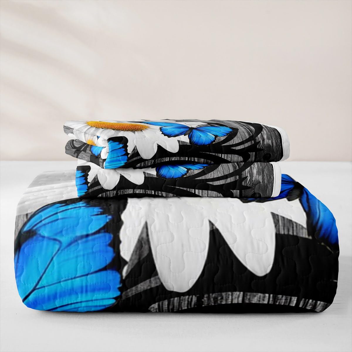 Erosebridal Daisy Quilt Butterfly Quilt Set Full Retro Wooden Planks Bedding Coverlet Rustic Farmhouse Animals Bedspread with 2 Pillowcases