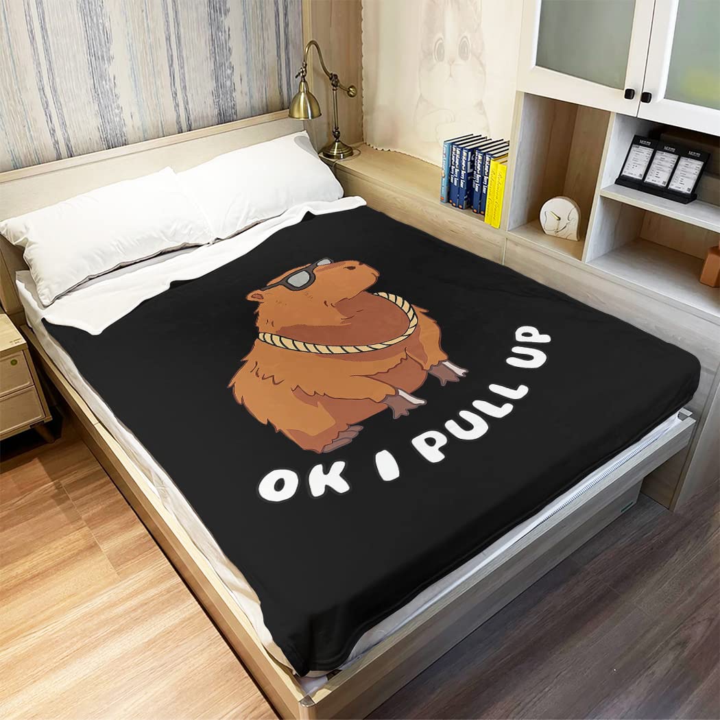 OHTMTHO Funny Capybara Throw Blanket, OK I Pull Up Design, Sunglasses Animal Print, Gifts for Capybara Lovers, 40"x50", Black