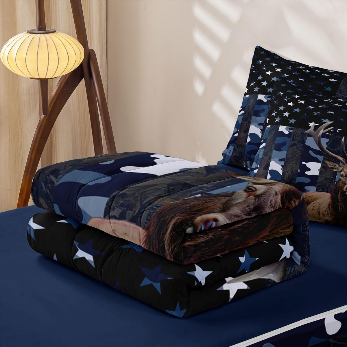jejeloiu Deer Hunting Camo Comforter Set Twin Size Zipper Bedding Set for Girls Boys Rustic Western Deer Comforter with Fitted Sheet, Pillowcases American Flag Zipper Bedding Soft Breathable