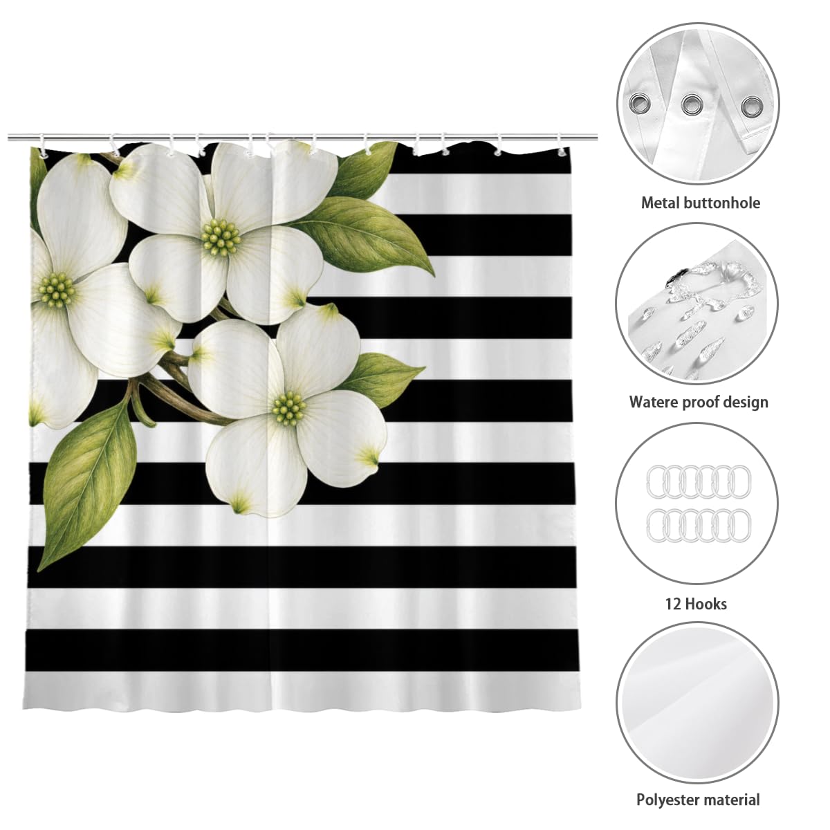 TopPacific White Blossom Stripe Shower Curtain 72x72 Inch Shower Curtain with 12 Hooks Polyester White Blossoms Green Leaves Black White Stripes Bathroom Decor