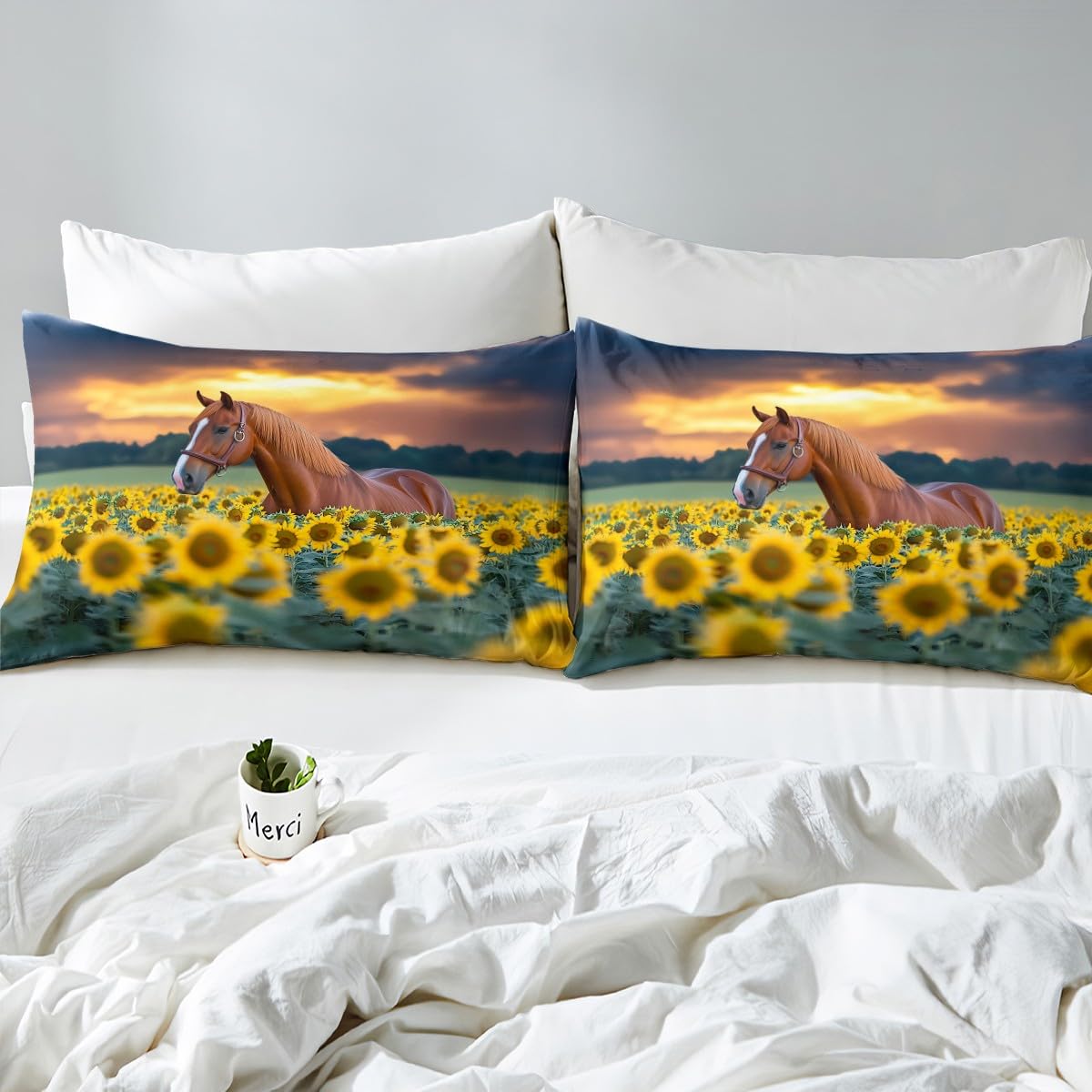 Feelyou Farmhouse Bed Sheets Horse and Sunflower Sheet Set Botanical Floral Bedding Farm Animal Flower Fitted Sheet Queen Size Includes 1 Sheets & 2 Pillowcases (No Flat Sheet)