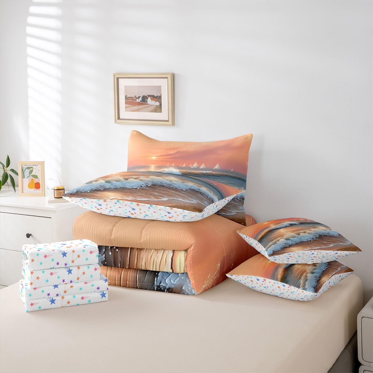 Erosebridal Ocean Sunset Sailboat Queen Bedding Set Pastel Coastal Comforter Set Kids Adults Wave Sand Tropical Summer 7-Piece Bed in a Bag Soft Watercolor Beach Nautical Quilt Sets
