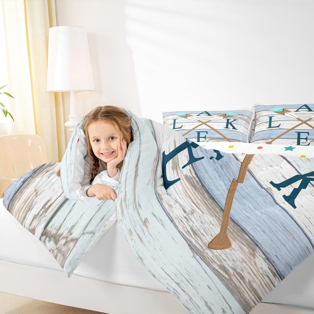 Castle Fairy Wooden Stripes Comforter Set for Kids Room Decor Rowing Boating Oar Print Bedding Comforter Queen Size Rustic Nature Lodge Cabin Soft Polyester Quilt Set with 2 Pillowcases