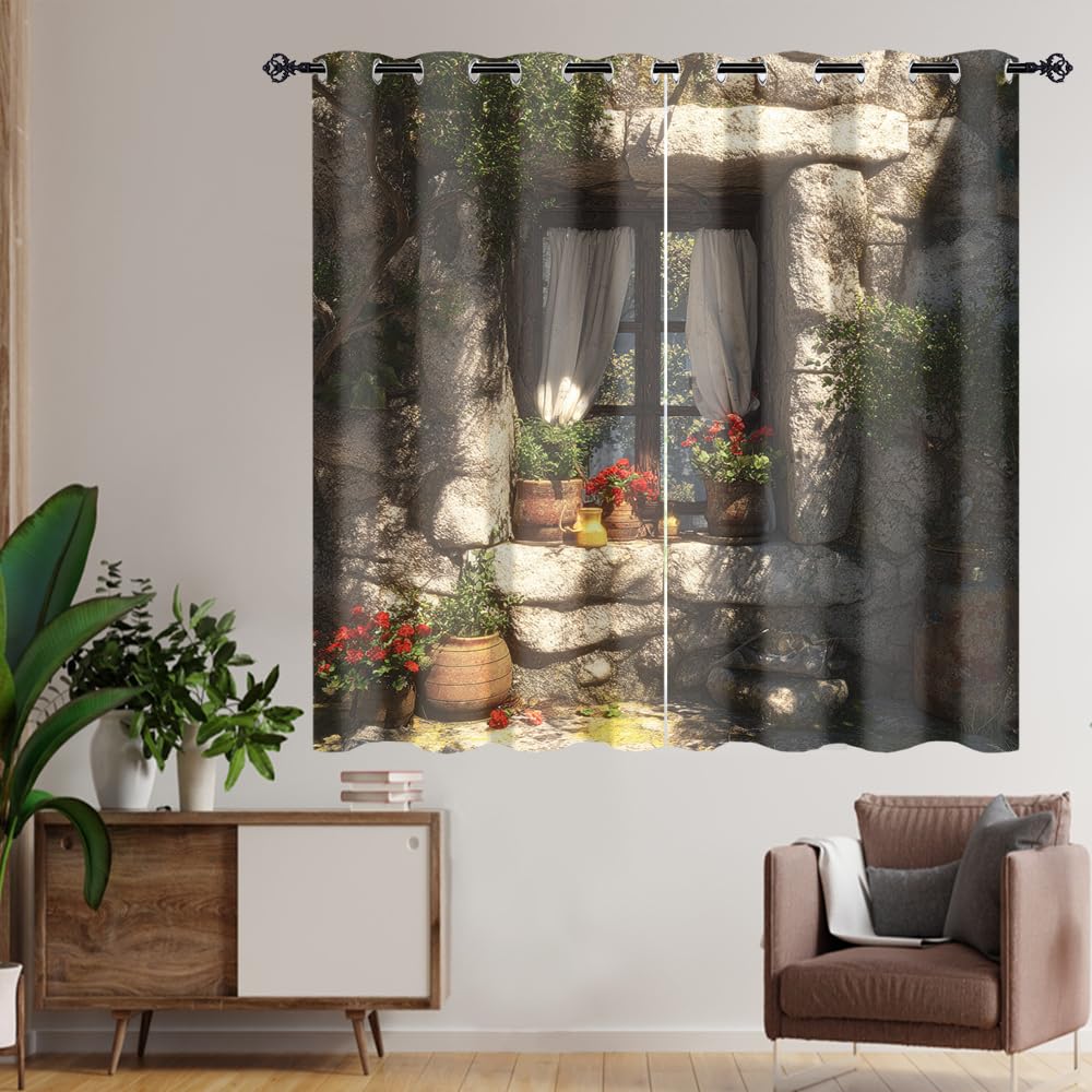 XSUPFLYM Beautiful Retro Spring Garden Window Perforated Curtains Romantic Retro Stone Wall Plant Flowers Pattern Thermal Curtains Suitable for Bedroom 2 Panels Each 21" W x 45" L