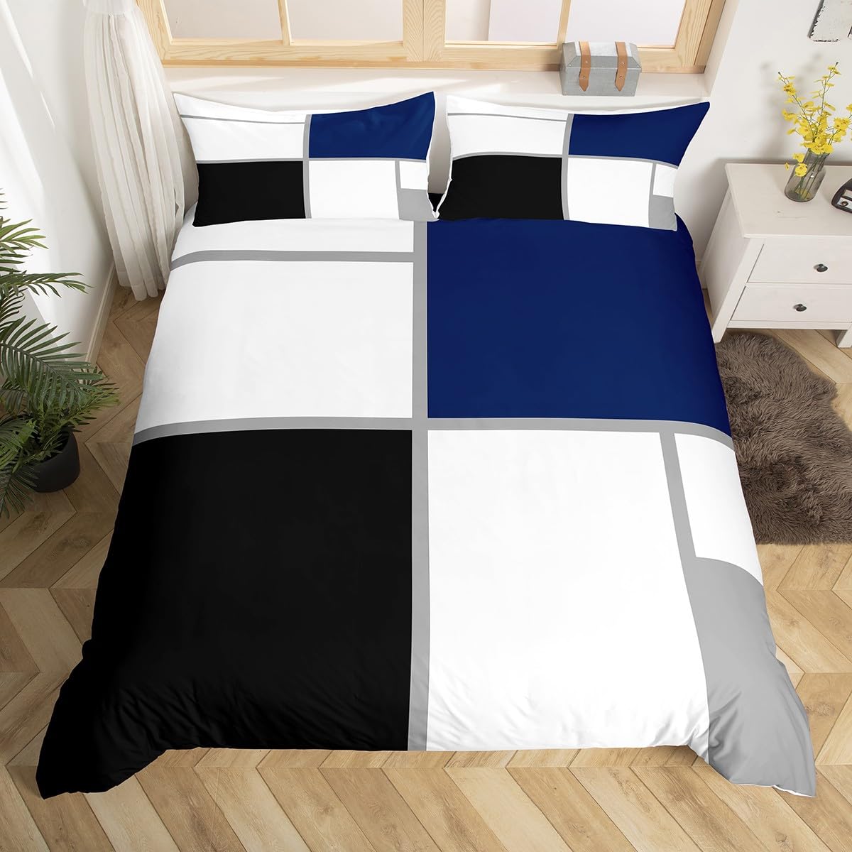Erosebridal Geometric Duvet Cover Queen for Adults Teens,Black and White Abstract Comforter Cover,Navy Blue Striped Grid Bedding Set for Minimalist,Modern Patchwork Bed Set(No Comforter)