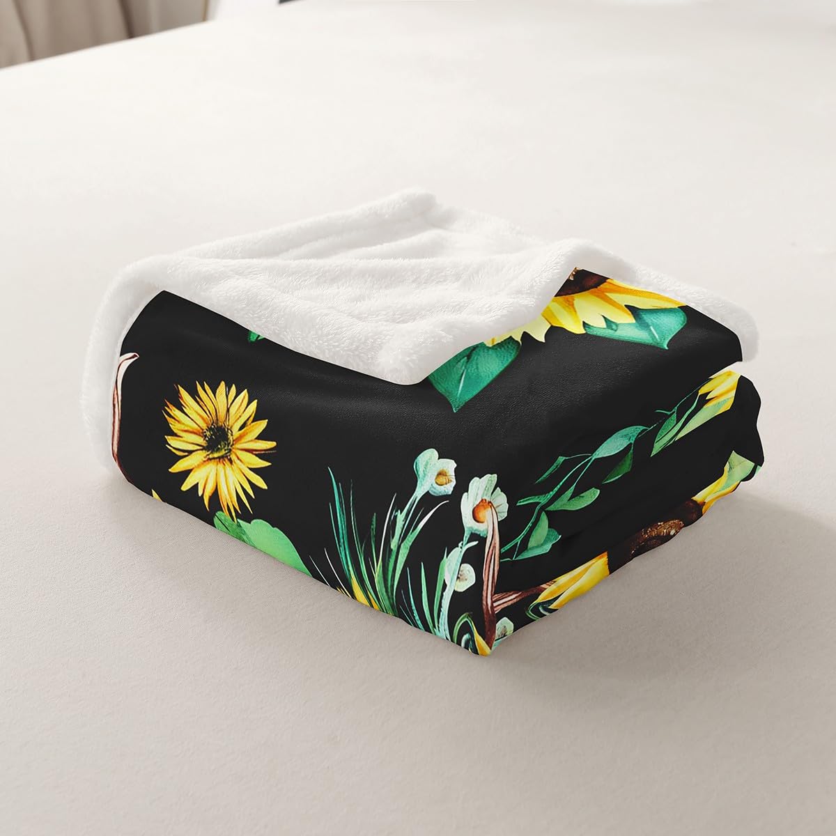 Feelyou Cow Sunflower Sherpa Throw Blanket Yellow Flower Fleece Blankets and Throws Skull Skethon Fuzzy Blanket Botanical Floral Leaves Plush Blankets 50"x60"