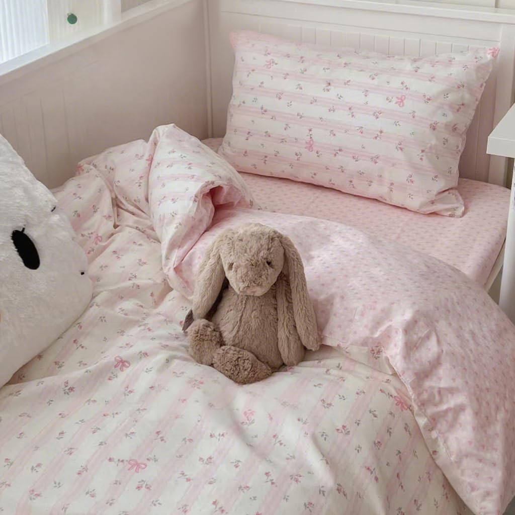 Sedefen Striped Duvet Cover Queen Size Pink Floral On White Bedding Set with Bow Pattern 3 Pieces Kids Boys Girls Cute Bowknot Reversible Princess Style Soft Duvet Cover Set with Zipper Closure
