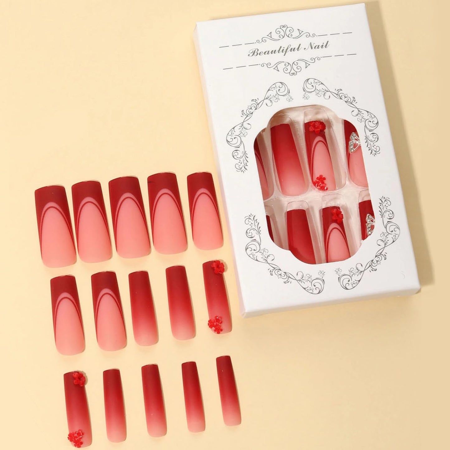 MISUD Press on Nails - Long Square Glue on Nails with Matte Red, Acrylic Flower Butterfly Design 24 pcs