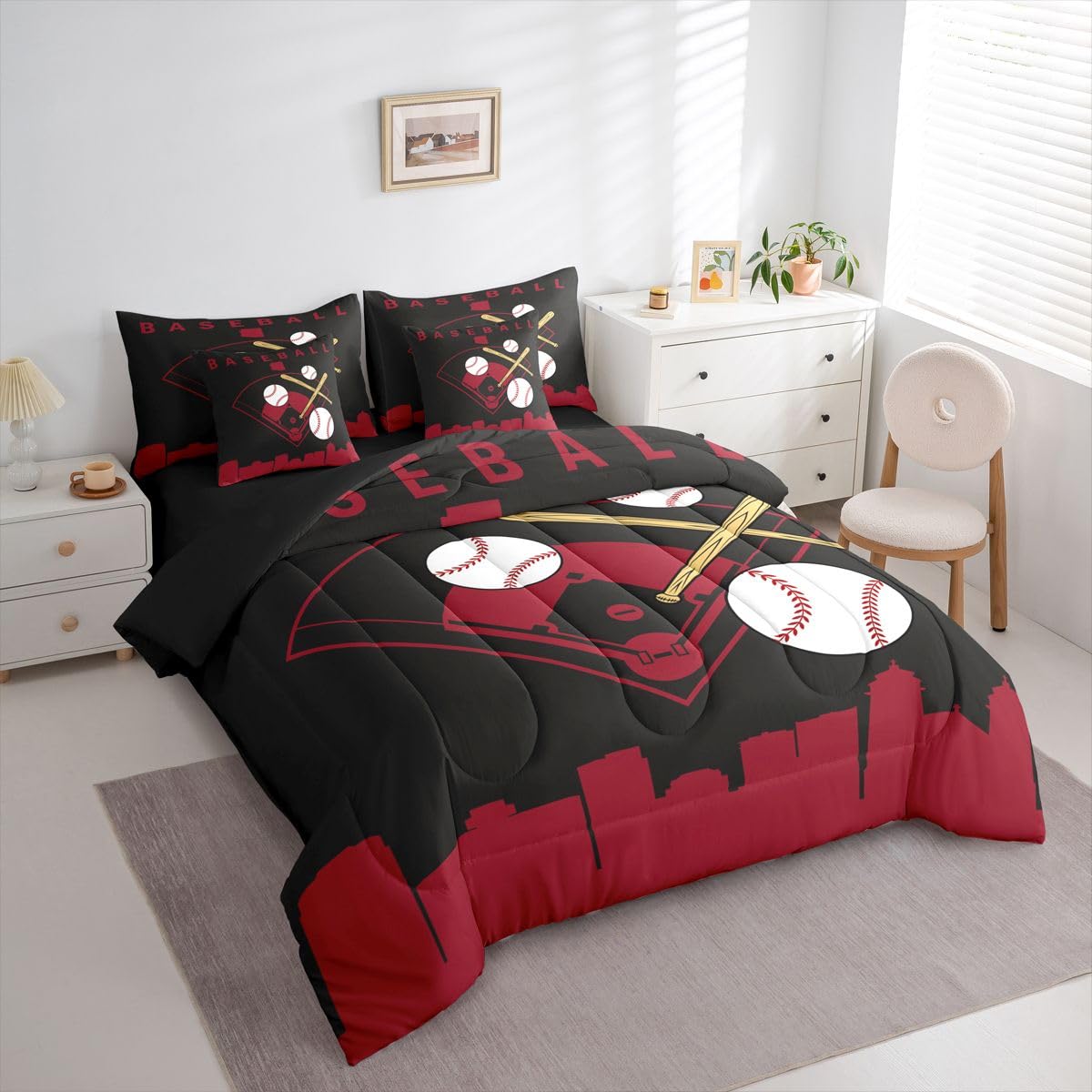 Erosebridal Baseball 7 Piece Bed in A Bag Full Size Softball Sports Boys Comforter Set Cover Baseball Bat Bedding Set for Kids Teens Adult Men City Building Black Red Sheet Sets