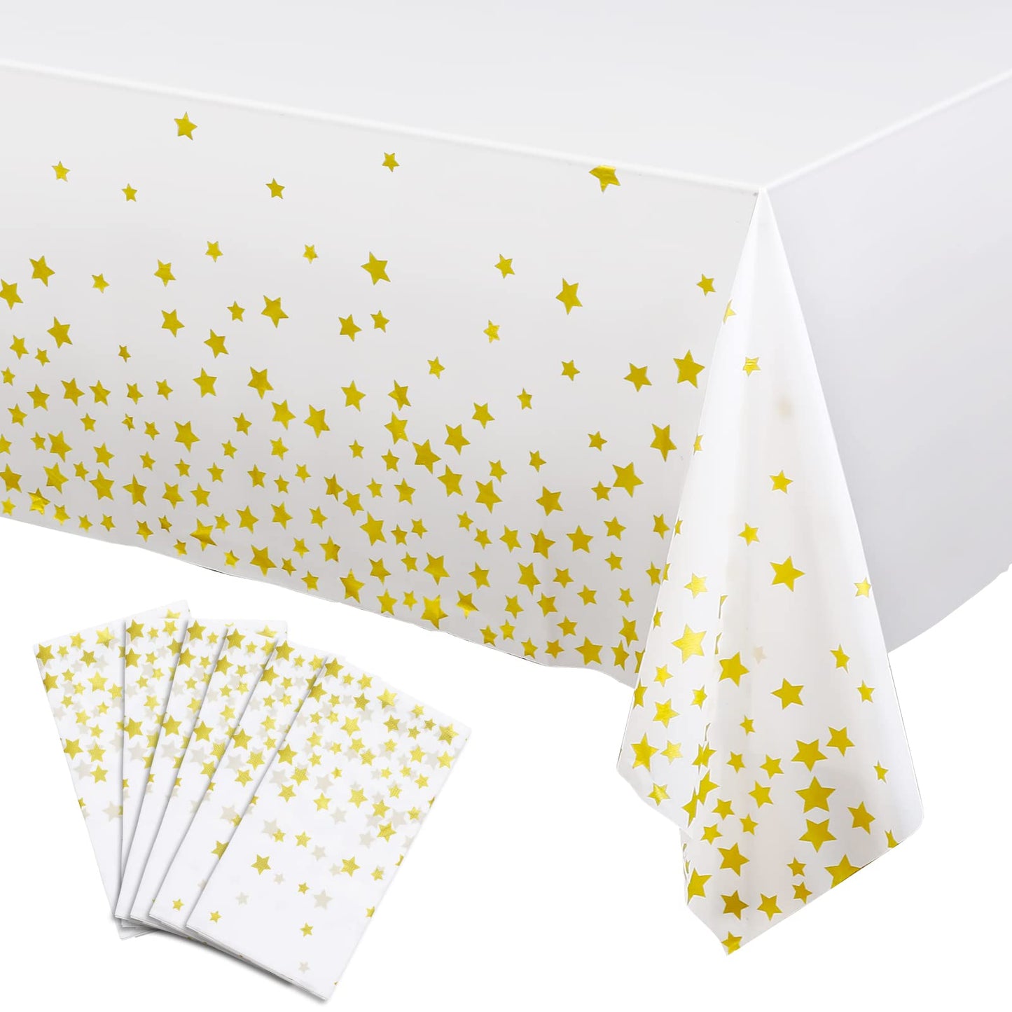 Tudomro 6 Pack Gold Star Tablecloths Under The Plastic Table Cover Disposable White Gold Table Cloth Rectangle Twinkle Little Stars Decor for Bee Birthday Wedding Baby Shower Supplies 108 x 54 Inch