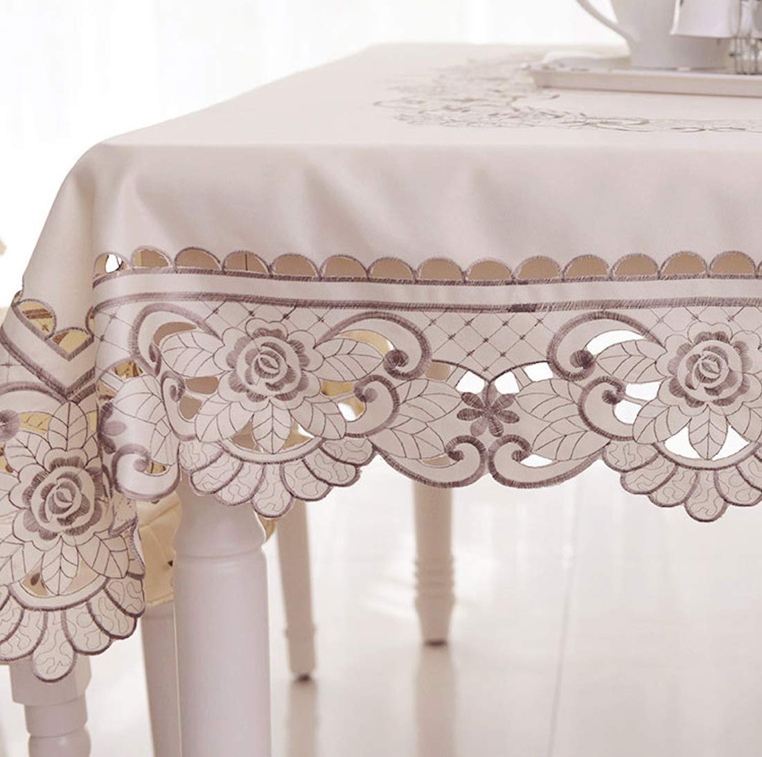 LeLehome Brown Flower Embroidered Lace Cream Beige Square Tablecloth, Vintage Classic Dining Table Cloth Wrinkle Free Table Cover 57 Inch x 57 Inch Party
