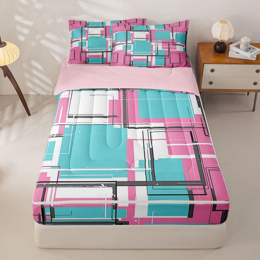 Erosebridal Graffiti Geometric Zippered Comforter Set Fashion Square Lines Zipper Bedding Set Full Size Aesthetic Patterns Bed in a Bag Modern Fashion Geometric Comforter with Sheets