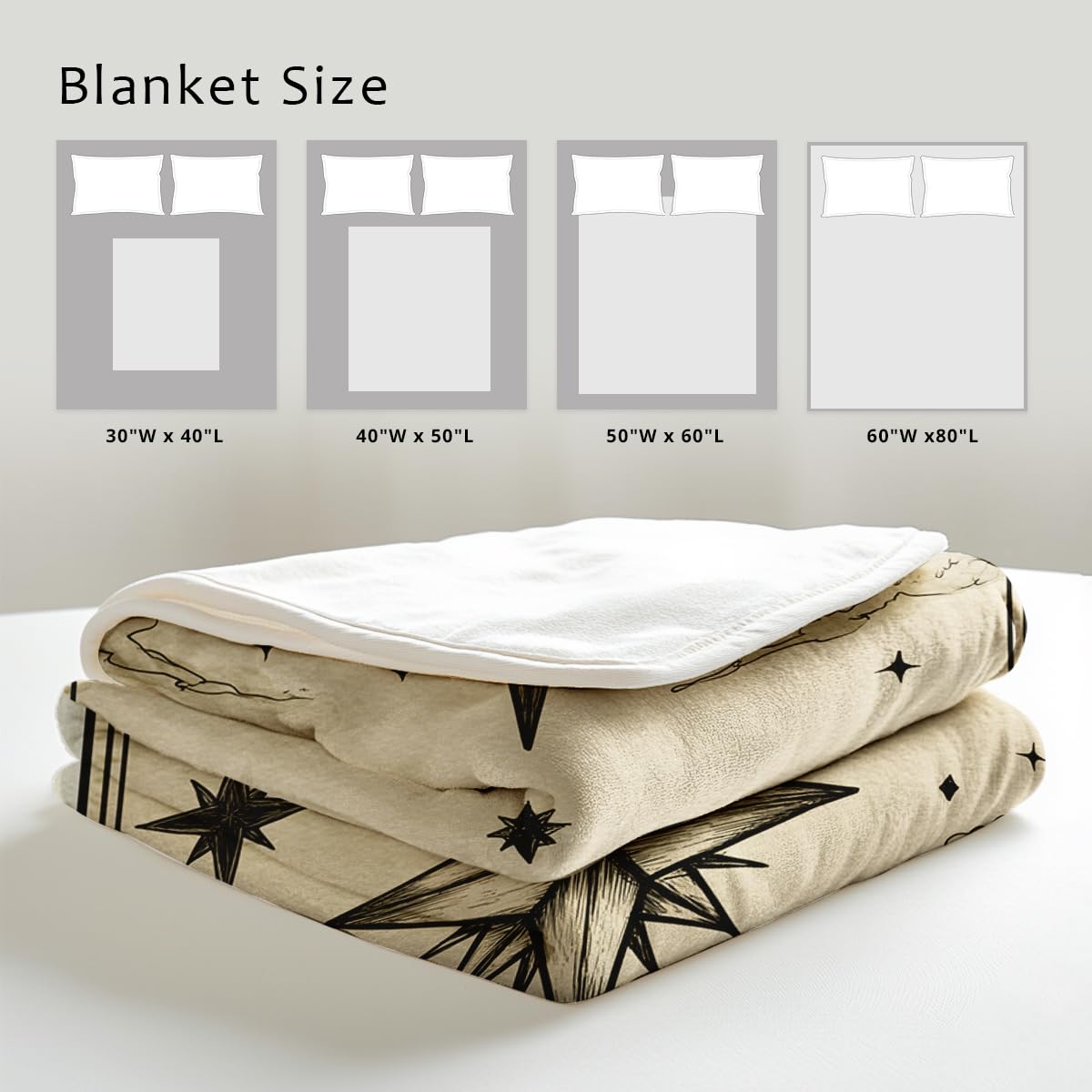 HUNXIAOJ Sun Moon Celestial Print Blanket Boho Celestial Flannel Throw Beige Blanket Throw for Couch Bed Home Living Room Boho Decor Gifts for Kids Adult (59"x78")