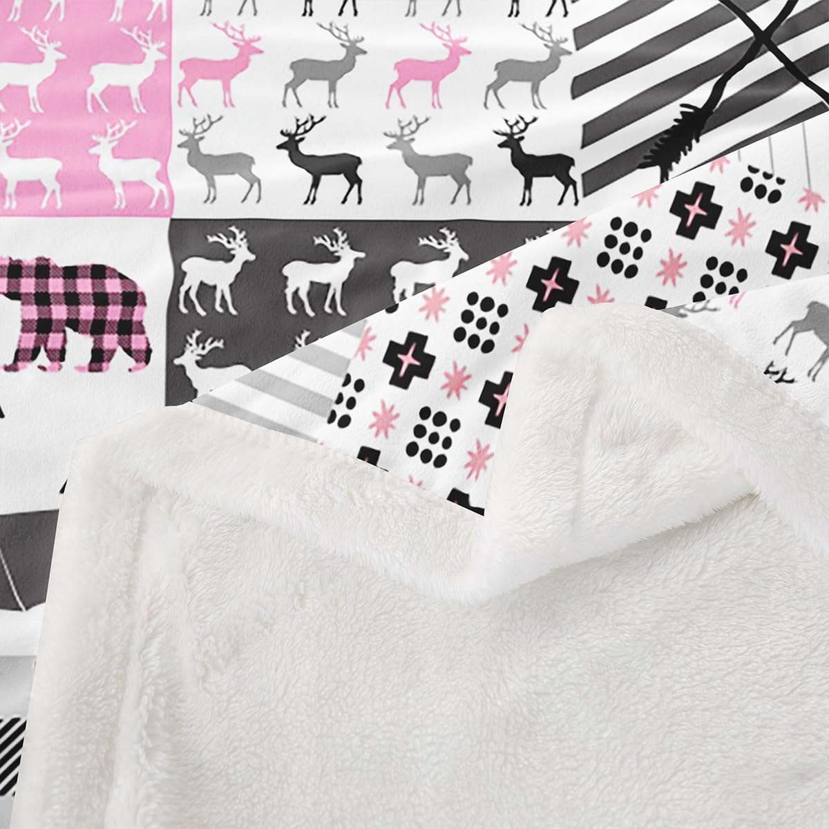 Deer Fleece Throw Blanket for Girls Boys - Pink Plaid Bear Antlers Plush Sherpa for Hunting and Camping - Bear Moose Lodge Patchwork Fuzzy Geometric Room Decor - Baby 30"x40"