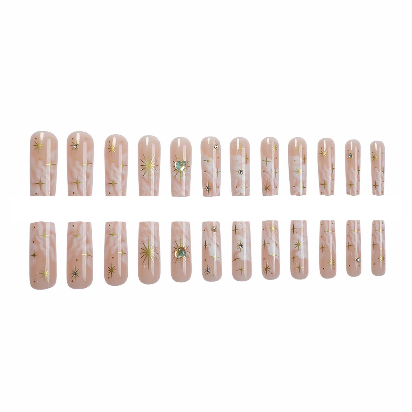 MERVF Long Press on Nails Square Fake Nails White Marble French Tip Glue ons Gold Star Design Acrylic Nail Heart Charms Squoval Manicure Supplies Art DIY Glossy 24pcs