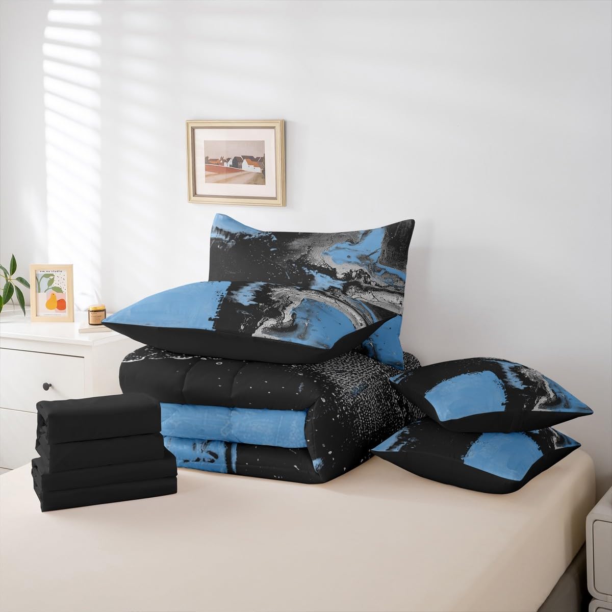 Feelyou Abstract Comforter Set King Size 7 Pieces Modern Abstract Art Bedding Set Luxury Bed in a Bag with Comforter, Sheets, Pillowcases, Cushion Covers Geometric Bedroom Decor Vivid Blue Black