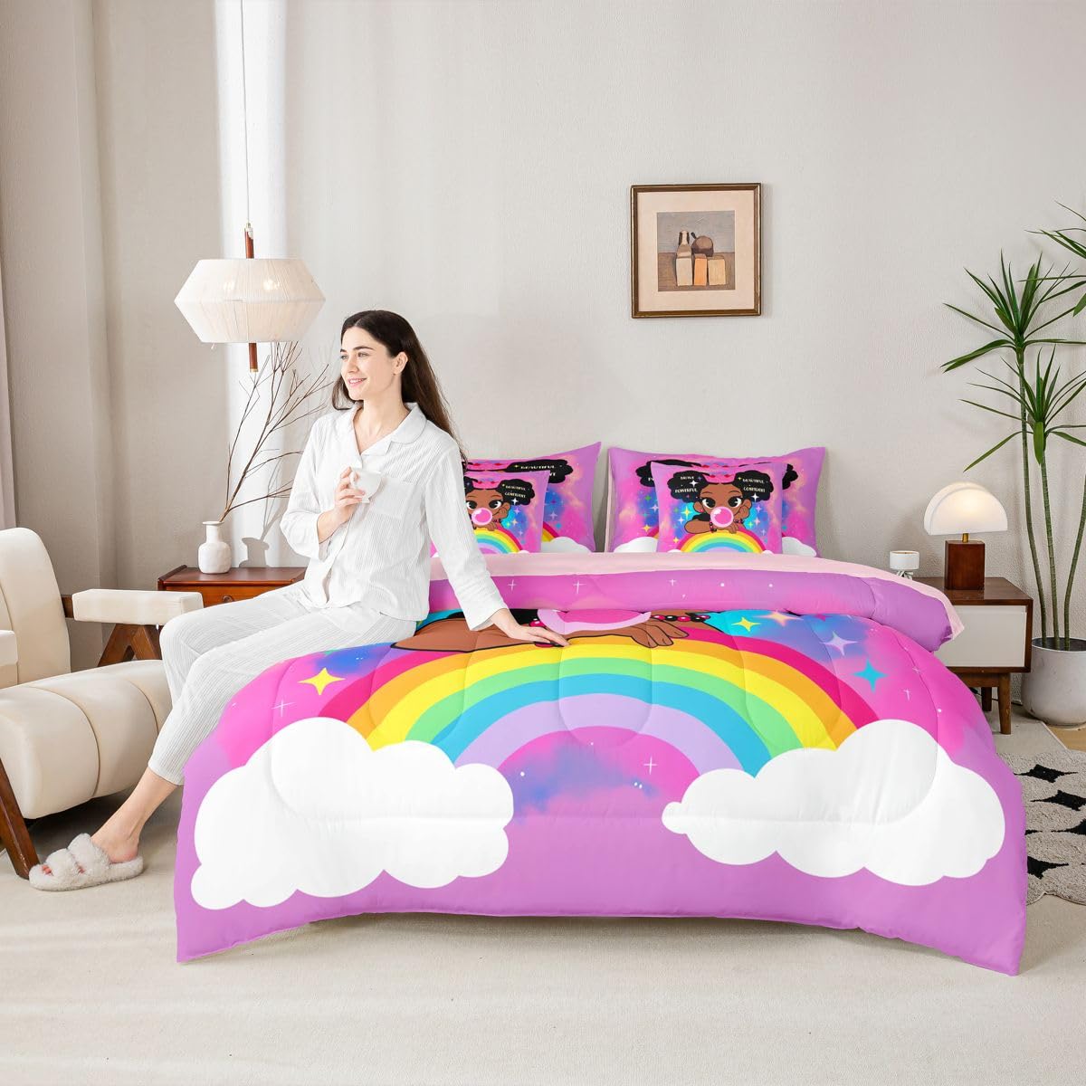 Erosebridal Black Girls Magic Queen Bedding Set Coloful Rainbow Comforter Set with Flat and Fitted Sheet Teen Kids Trendy Glitter Stars Print 7-Piece Bed in a Bag Empowering Quote Quilt Sets