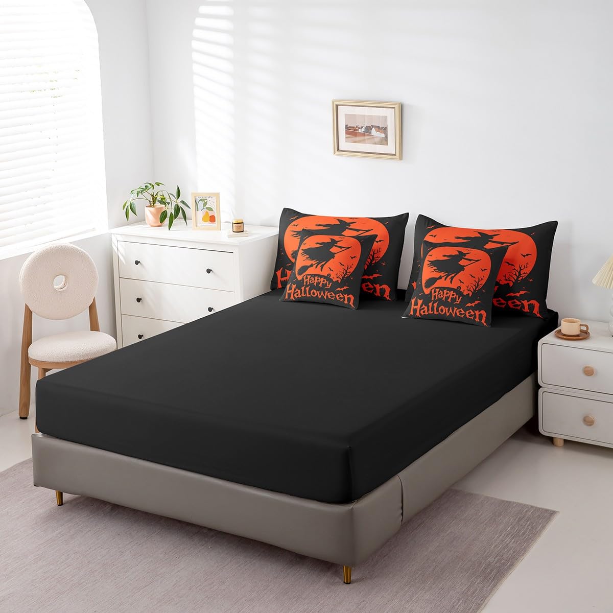 Feelyou Halloween Bed in a Bag Twin Size Witch 7 Piece Bedding Set for Kids Boys Girls Teens Bat Comforter Set with Sheets Pumpkin Bed Set