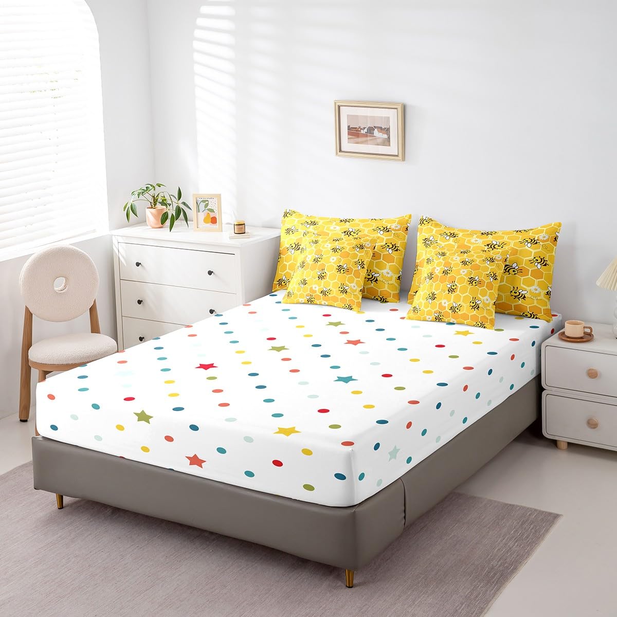 Erosebridal Cute Bee Comforter Set 7 Piece Bed in a Bag Twin,Hexagon Beehive Honeycomb Bedding Sets Rustic Daisy Flowers Comforter and Sheet Set,Cartoon Honeybee Wild Animal Bed Set