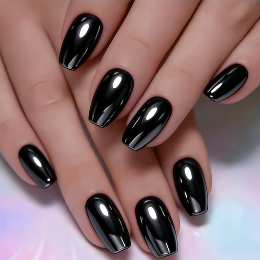 RUOKEXIN Medium Length Press on Nails Square Fake Nails Black Silver Chrome False Nails Full Cover Nail Press ons Sparkly Artificial Nails for Women 24Pcs