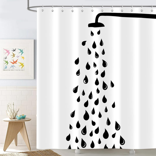 Emwnodti Cute Funny Raindrop Shower Head Shower Curtain, Black White Water Droplets Modern Minimalis Bathroom Decor, Polyester Fabric Waterproof Bath Curtain Accessory Set with 12 Hooks 72x72 inch