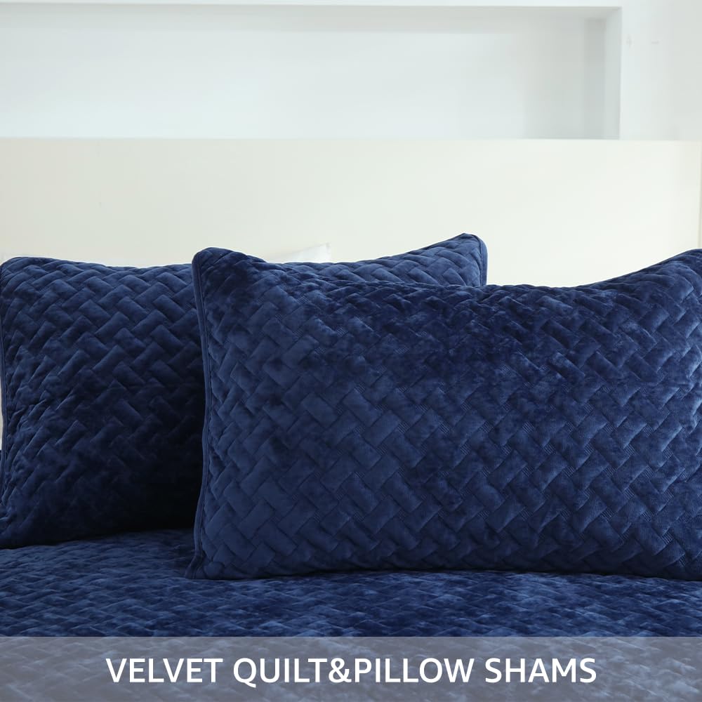 Liians Velvet Bedspread Quilt Bedding Sets,Luxury Elegant Ultra Soft Velvet Comforters Coverlet Blankets,Weave Stitching Pattern Cotton Quilted Bedspread for All Seasons,Navy Blue,King Size